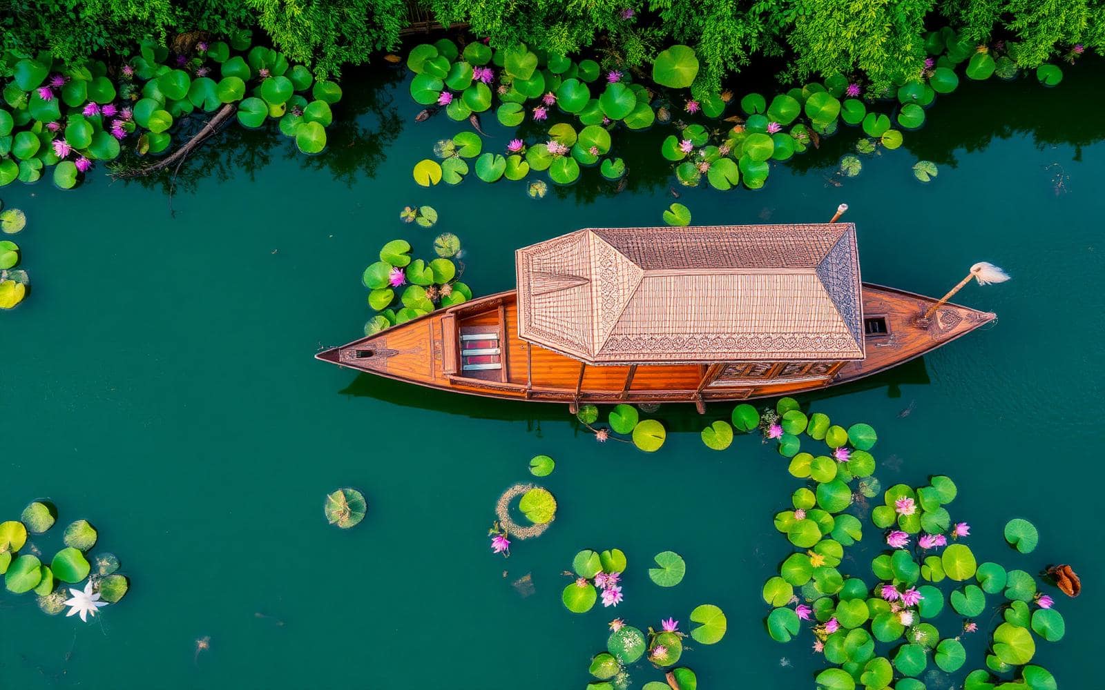Kashmiri houseboat among lotus gardens